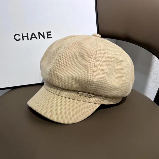 Autumn And Winter Women's Ins Metal Label Letters Peaked Cap Beret British Beige - Shop at LoveMi