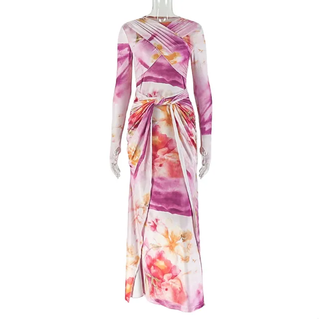 Slim fit Wrap Bodycon Pleated Long sleeve Dress Colorful Pink - Shop at LoveMi