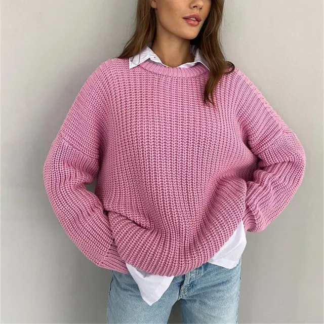 Loose Long Sleeve Idle Style Pullover Sweater For Women Pink - Shop at LoveMi