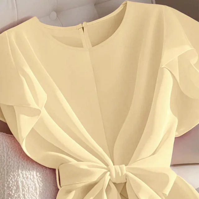 Women's Elegant Short sleeved Thin Shirt Lace up Pullover Yellow - Shop at LoveMi