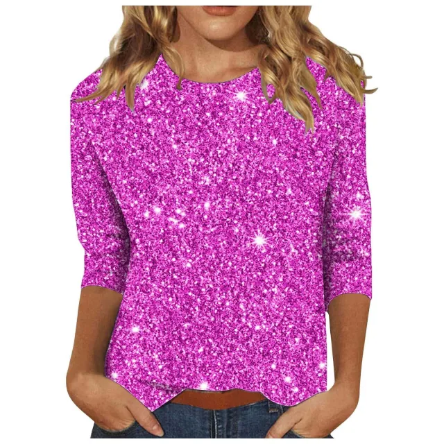 Sequin T shirt With Three quarter Sleeves And A Crew Neck For Women Rose - Shop at LoveMi