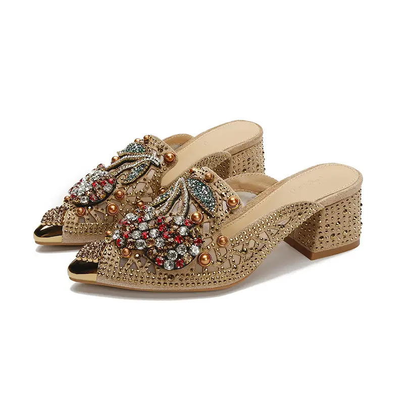 Women's Mesh Chunky-Heel Rhinestone Cherry Pointed-toe Half Slippers