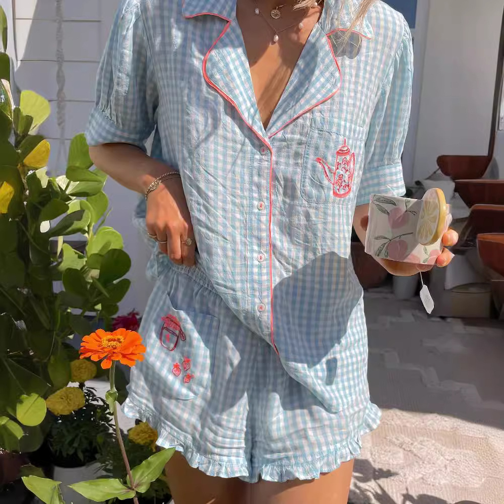 Plaid Teapot Embroidered Pajama Set For Women — image 1
