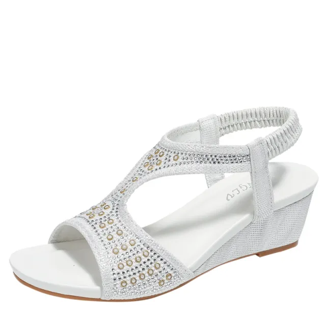 Fashionable Women's Sandals New Mid Heel Elastic Rhinestone Wedge Sandals White - Shop at LoveMi
