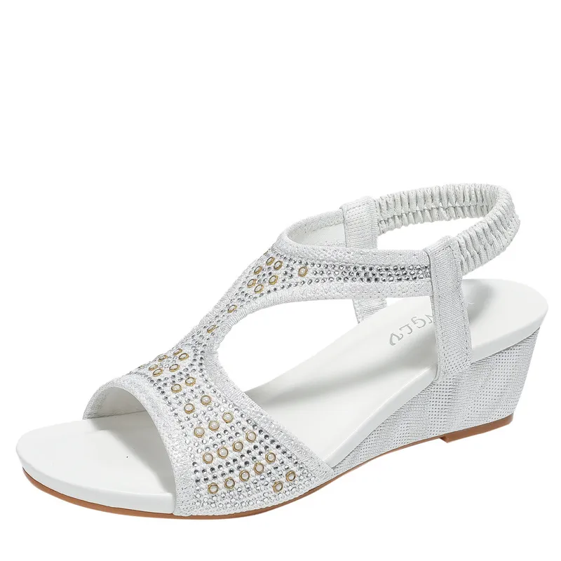 Fashionable Women's Sandals New Mid Heel Elastic Rhinestone Wedge Sandals - White