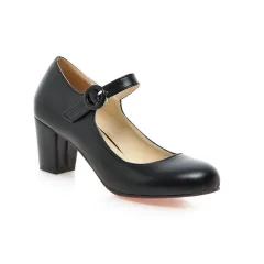 Buckle High Heels Spring Round Head Leisure Low Top Large Size Women's Shoes - Black - View 1