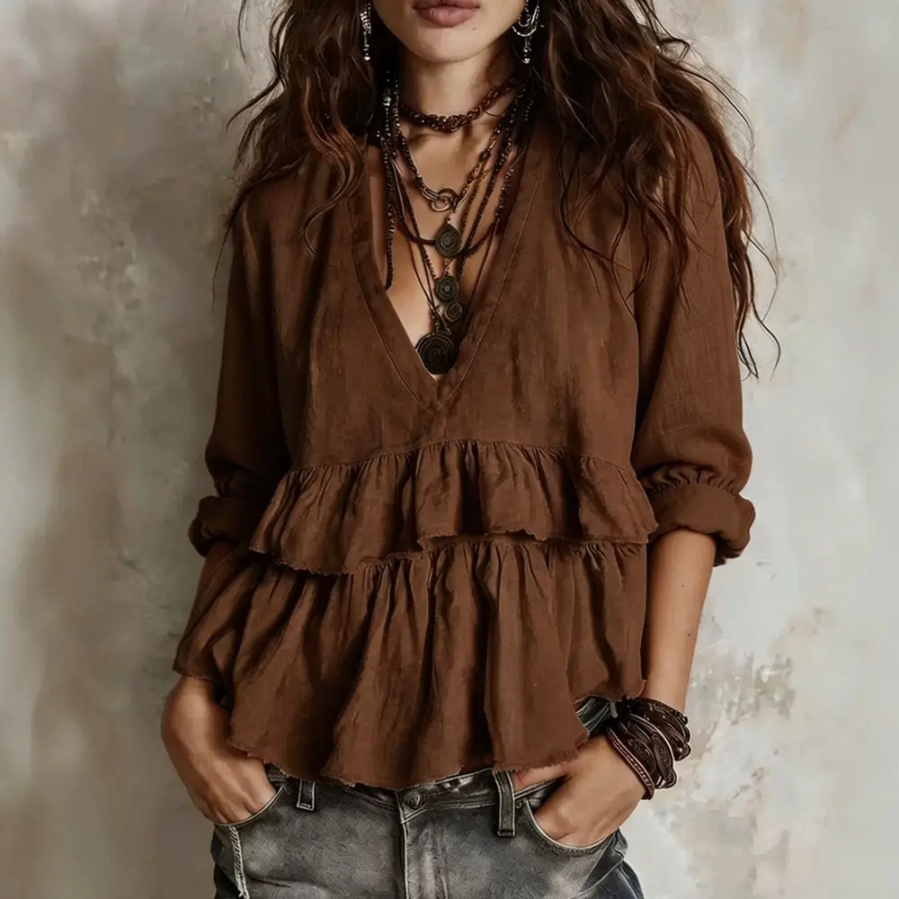 Womens Casual Long-sleeve V-neck Top