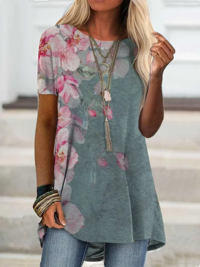 Fashion Loose Trendy Short Sleeve Printed T shirt Green Red Flower - Shop at LoveMi