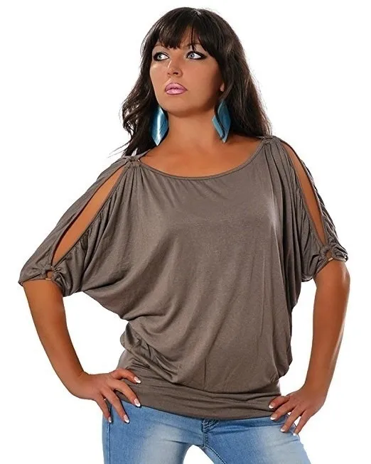 Round Neck Off the shoulder Iron Hoop Short Sleeve Top Large Size Women's Brown - Shop at LoveMi