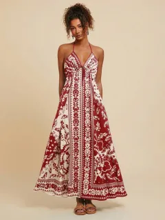 Women's Floral Print Sling Holiday Style Dress - Red - View 1