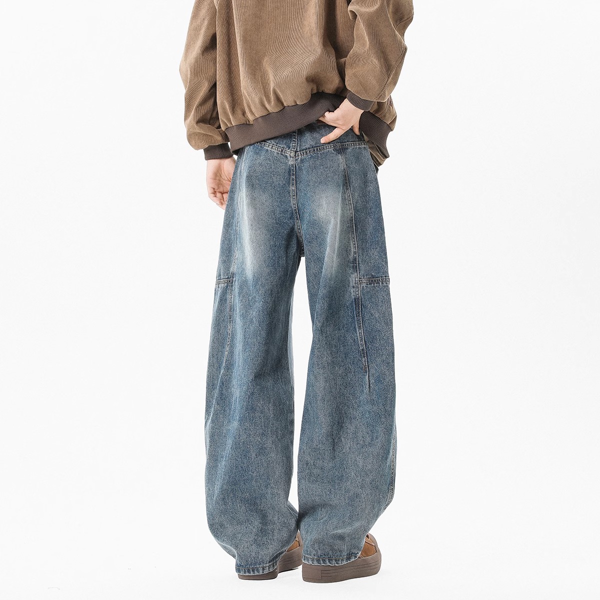 Retro Pleated Washed Denim Jeans Mens Straight-Leg Loose-Fit