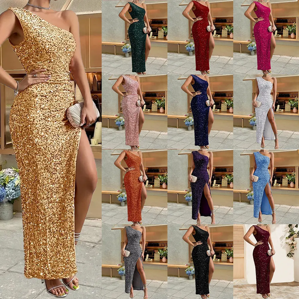 Elegant Sequined Shoulder Split Solid Color Dress Slim Club