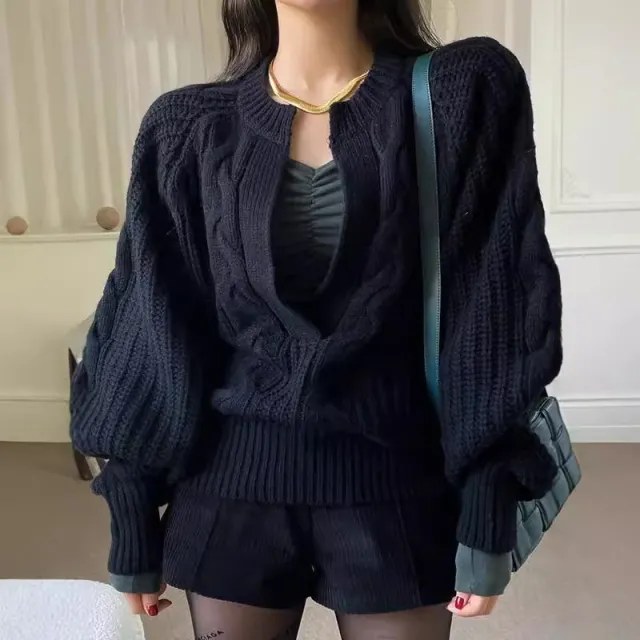 Twill Knitted Pullover Loose Colorized Sweater Black - Shop at LoveMi