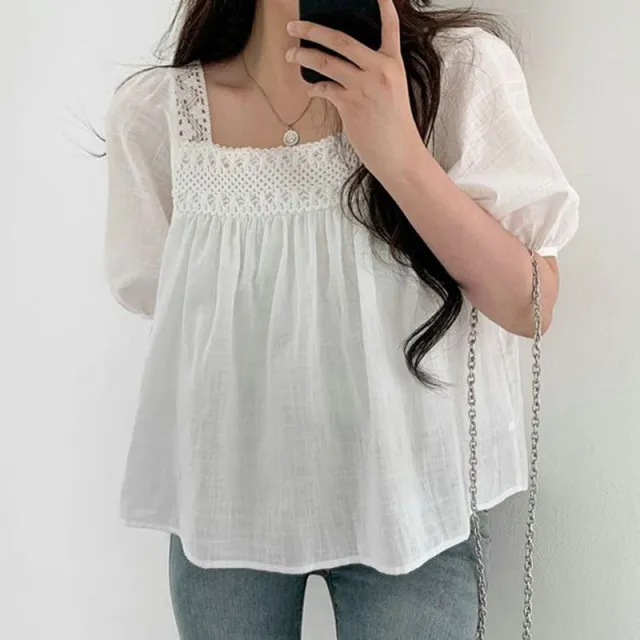 Niche Elegant Square Collar Hollow Crocheted Loose All match See through Puff Sleeve Shirt White - Shop at LoveMi
