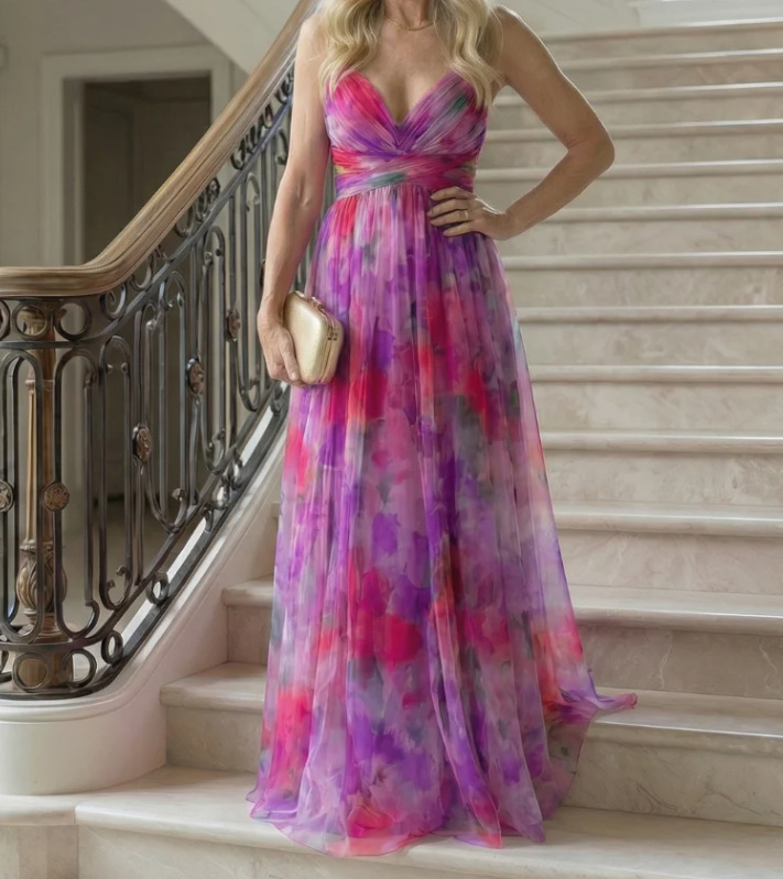 Womens Digital-Print Chiffon Long Dress