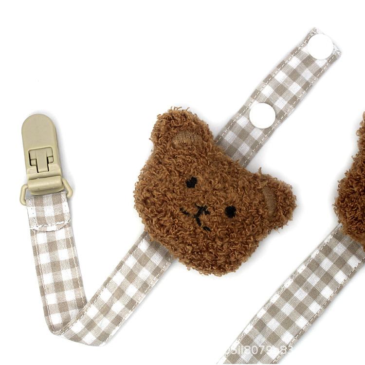 Plaid Baby Pacifier Clip With A Little Bear Head Design