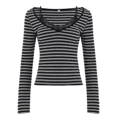 American-style Lace-spliced Strap Top With A Faux Two-piece Slim-fit Long Sleeves - Gray - View 1