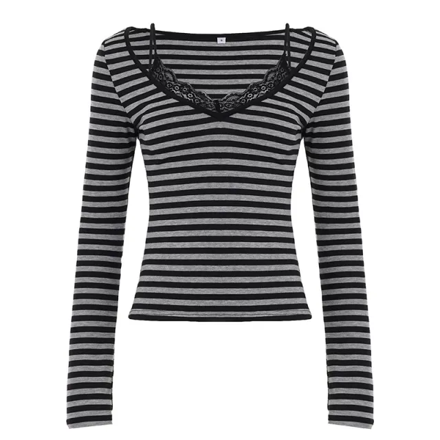 American style Lace spliced Strap Top With A Faux Two piece Slim fit Long Sleeves Gray - Shop at LoveMi