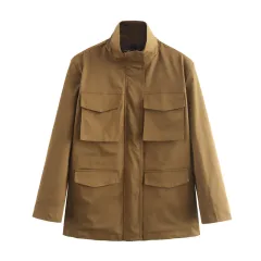 Women's Fashion Casual Stand Collar Long Sleeve Pocket Decorative Coat - Tan - View 1