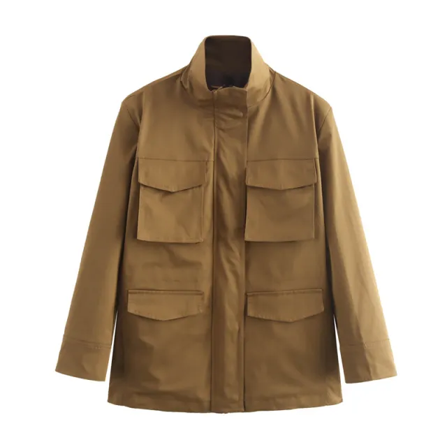 Women's Fashion Casual Stand Collar Long Sleeve Pocket Decorative Coat Brown - Shop at LoveMi