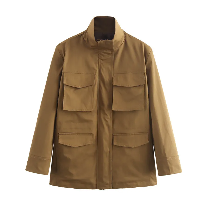 Women's Fashion Casual Stand Collar Long Sleeve Pocket Decorative Coat - Tan
