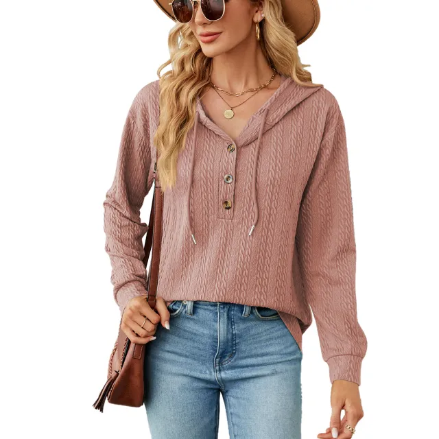 Women's Fashion Simple Solid Color Hooded Button Loose Long Sleeve Sweatershirt Skin Pink - Shop at LoveMi