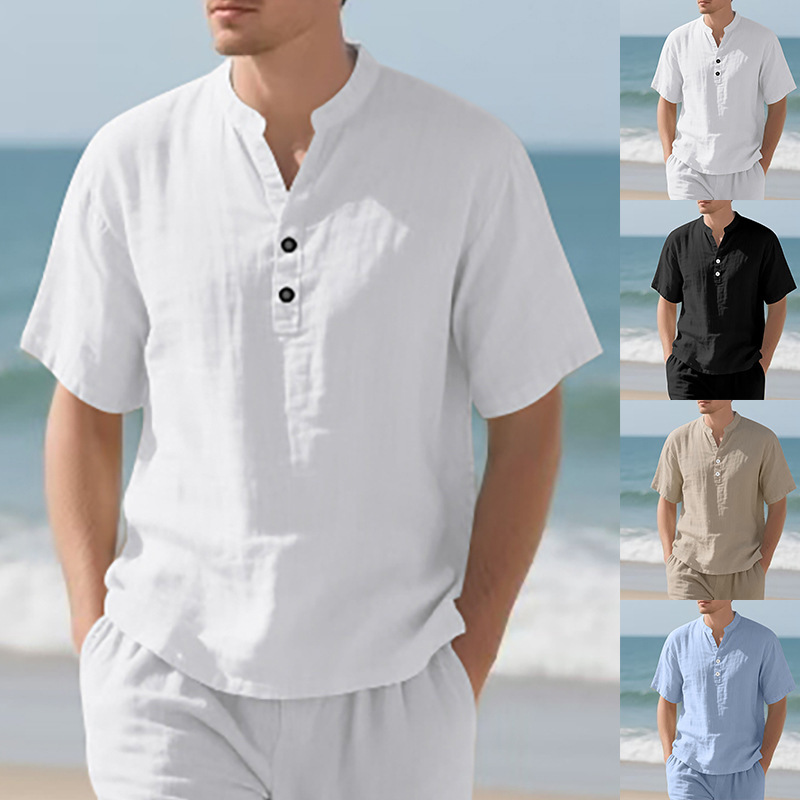 Casual Stand-collar Button-up Linen Short-sleeve Solid-color Plus-size product image