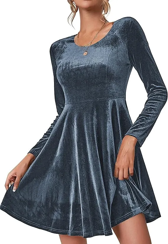Womens Solid Color Long Sleeve Crew Neck Velvet Maxi Dress For Valentines Day Blue - Shop at LoveMi