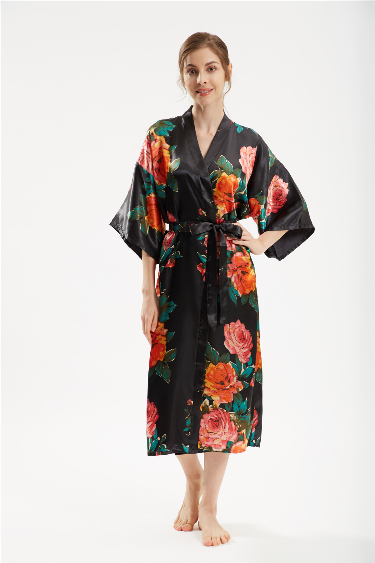 Title 12, Satin handbemalter Pfingstrose langer Kimono Yu...