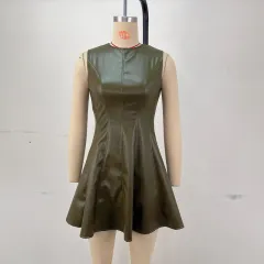 Round Neck Sleeveless Waist A- Line Skirt Vest Dress - Olive - View 1