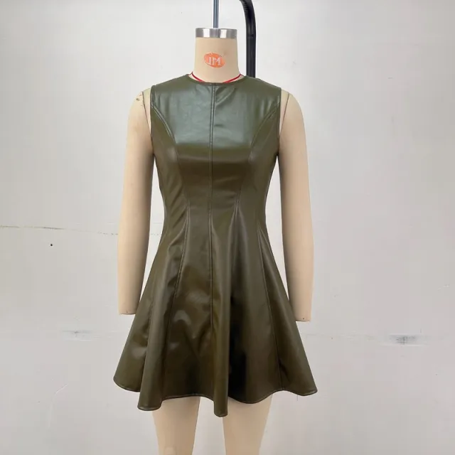 Round Neck Sleeveless Waist A Line Skirt Vest Dress Olive - Shop at LoveMi