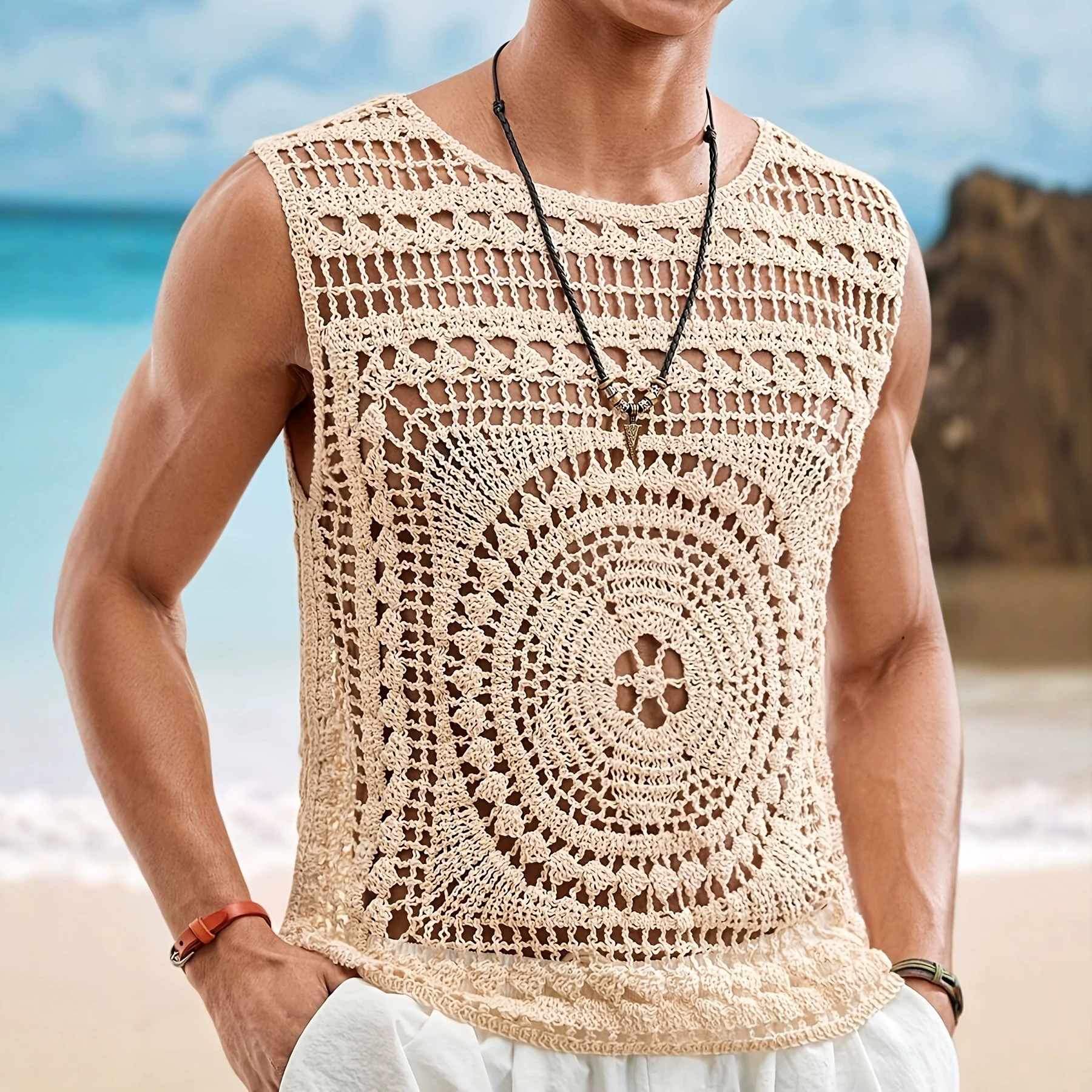 Mens Casual Stylish Solid-color Round-neck Hollow-out Knit