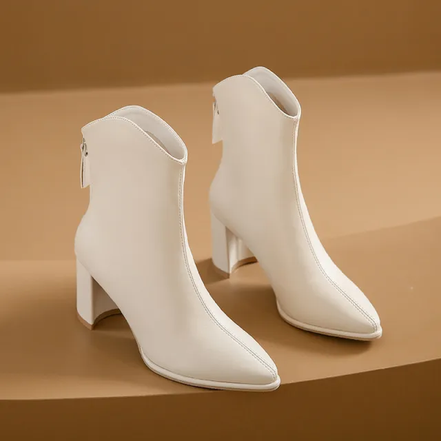 Genuine Leather Pointed Toe High Heel Boots Female White Chunky Heels Beige - Shop at LoveMi