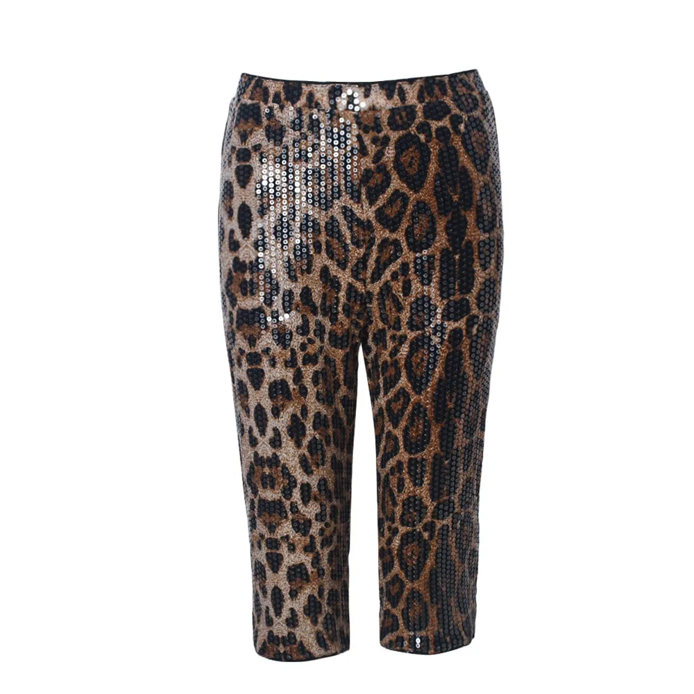 Sequined Leopard Print Elastic Waist Casual Shorts - Leopard