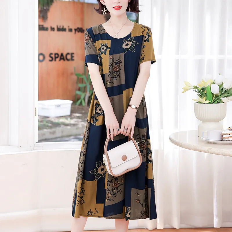 Middle-aged And Elderly Women's Cotton Silk Printing Maxi Dress - No 45-Xl