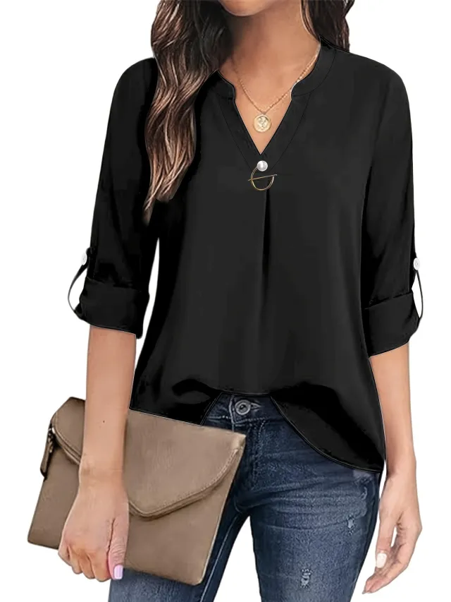 V neck Shirt Long Sleeve With Cuff Black - Shop at LoveMi
