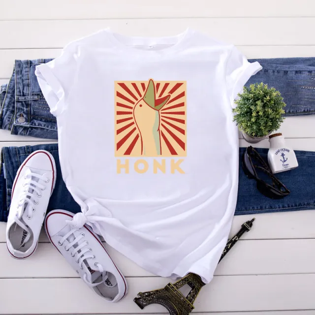 Vintage HONK Goose Print Crew Neck Casual Cotton Short Sleeve T shirt White - Shop at LoveMi