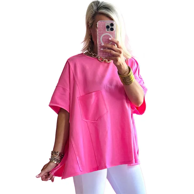 Women's Solid Color Loose Pockets Stitching Short sleeved Top T shirt P106 S - Shop at LoveMi