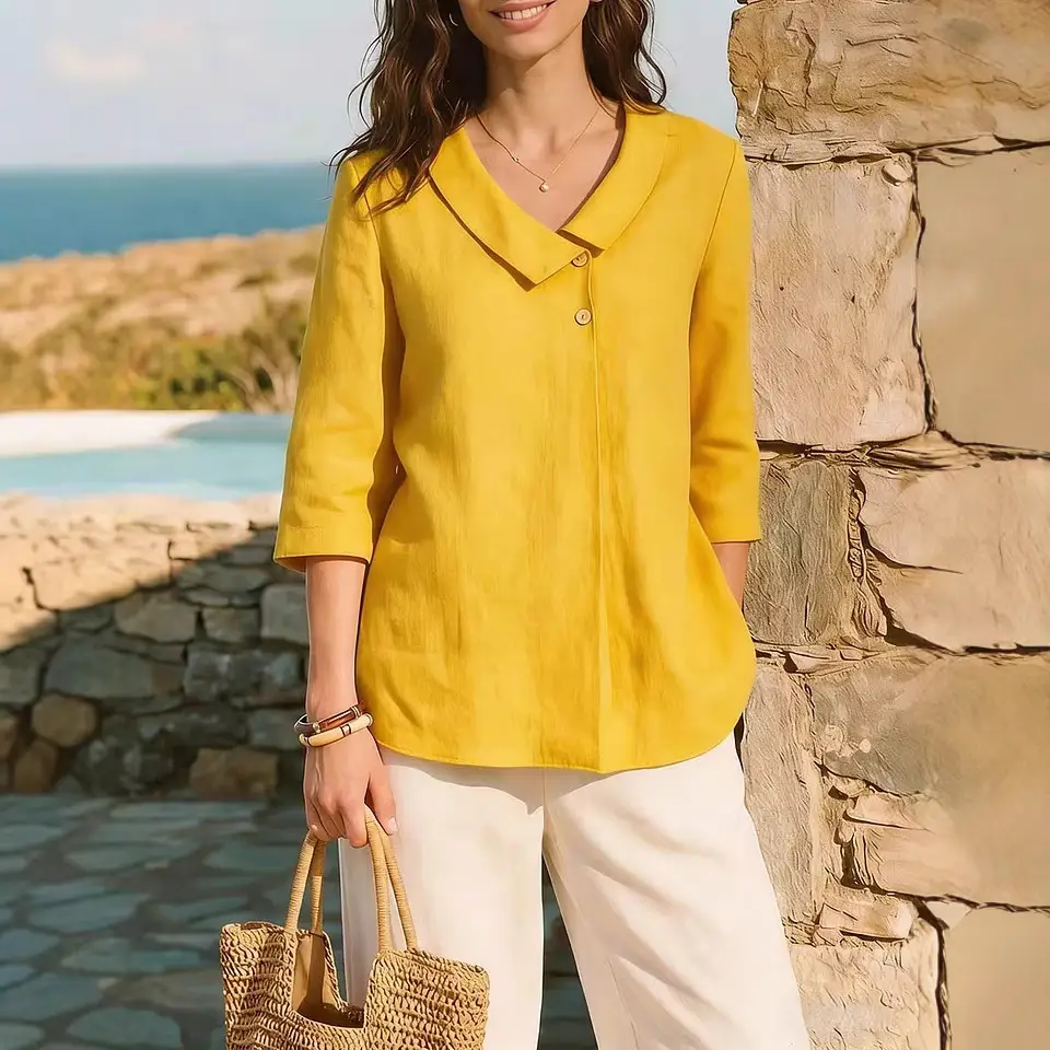 Summer Loose Women's Clothing New Casual Cotton-Linen V-Neck Top Shirt