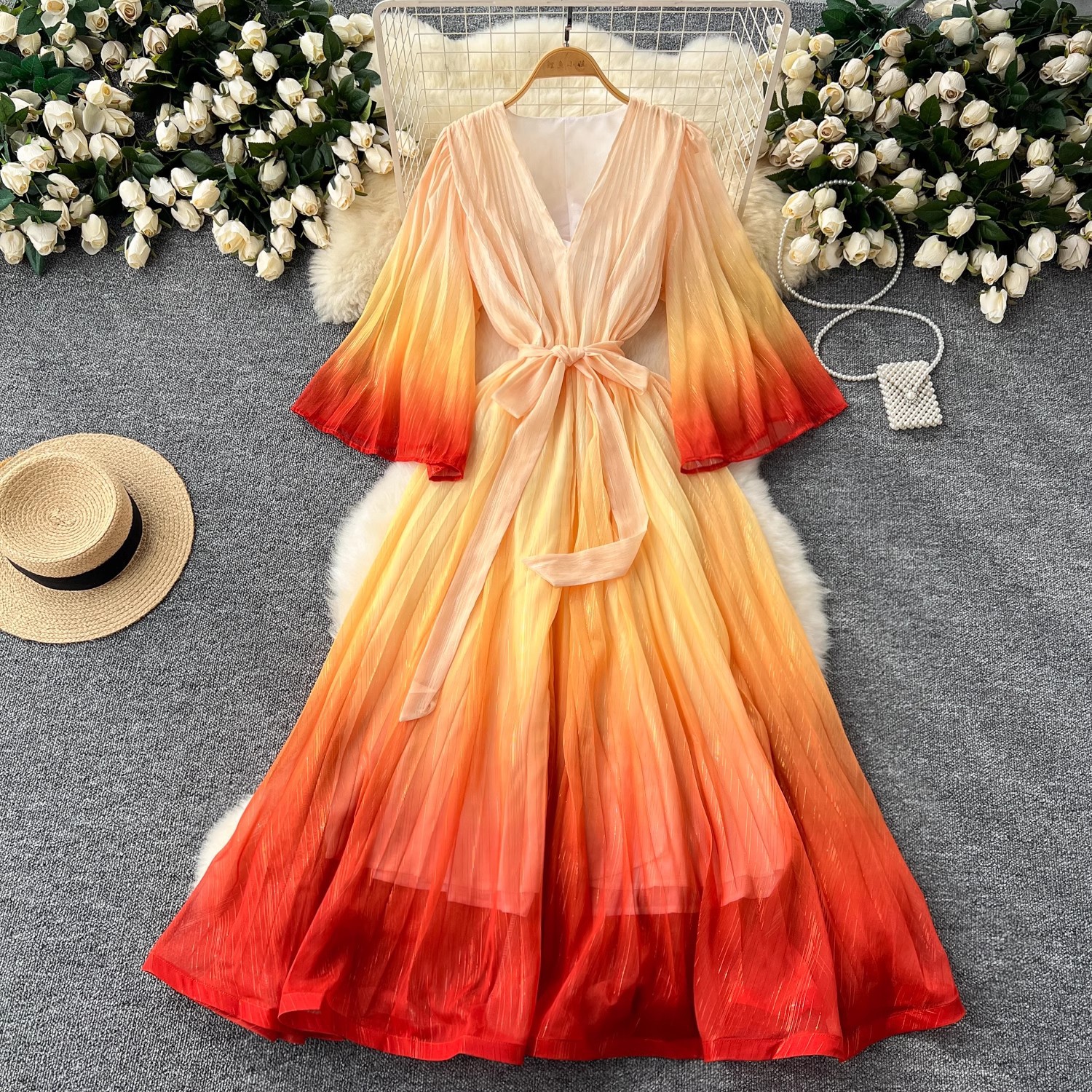 Waist Trimming Lace Up Loose V-neck Flared Sleeves Gradient Color Dress