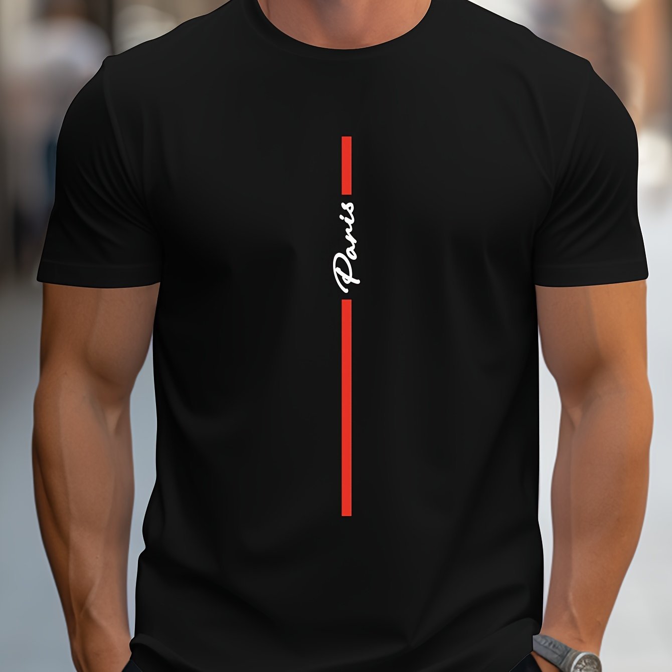 Men's Fashion Handwritten Paris Print Shoulder T-Shirt