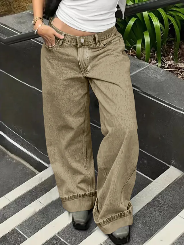 Loose Casual Straight leg Jeans With Side Pockets For Women Khaki - Shop at LoveMi