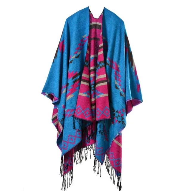 Geometric Diamond Tassel Shawl Cape Blue - Shop at LoveMi