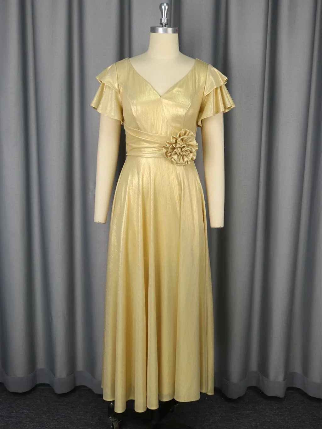 Sexy V-neck Ruffle Sleeve Party Dress - Gold
