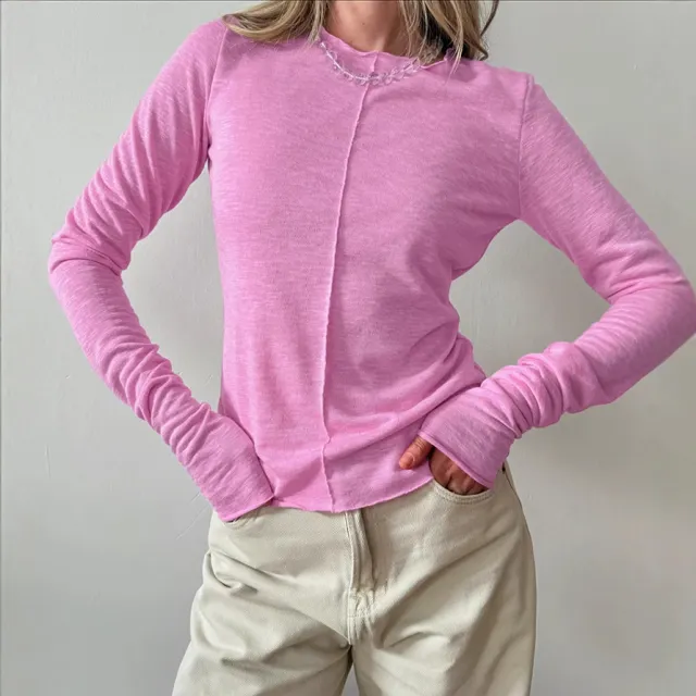 Fashion Round Neck Pullover Long Sleeve T shirt Pink - Shop at LoveMi