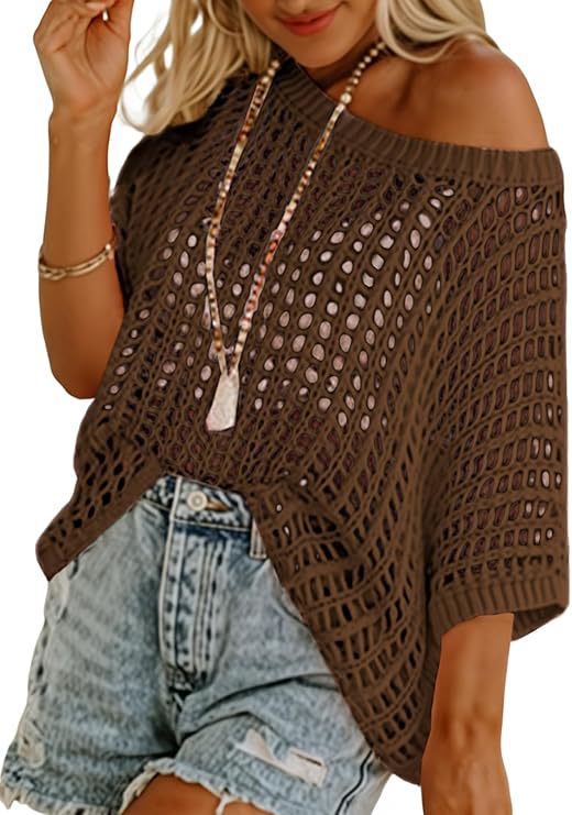 Half Sleeve Sexy Cutout Hollow Pullover Beach Cover up Knitted Top Dark Brown - Shop at LoveMi