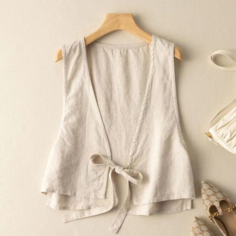 Versatile Ethnic-Style Cotton-Linen Solid-Color Lace-Up Vest Top For Women