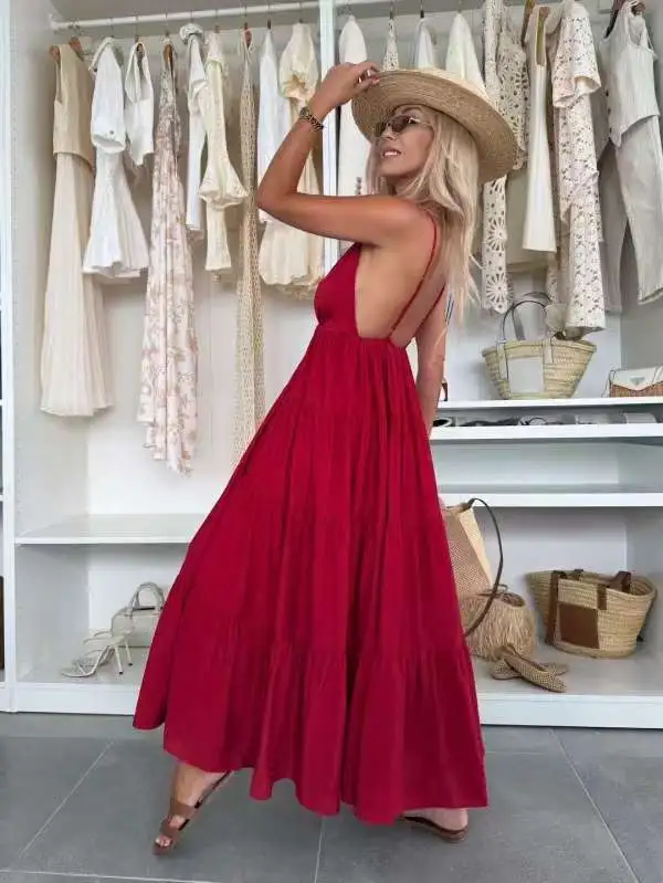 European And American Summer Sexy Fashion Suspenders Stitching Dress Women - Red