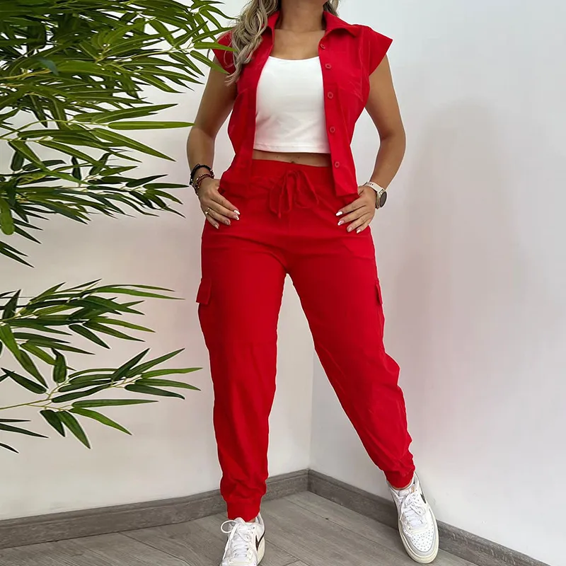 Women's Fashionable Elegant Lapel Short-sleeved Shirt And Trousers Suit - Red