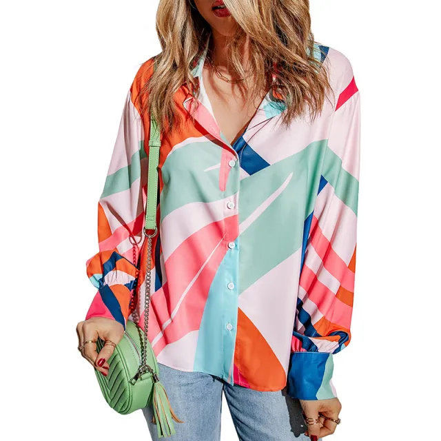 Printing Color Contrast Thin Long sleeved Top For Women Color Xxl - Shop at LoveMi